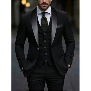 Men's 3-Piece Suit,    Suit Jacket + Vest + Trousers, Business Casual. BLACK